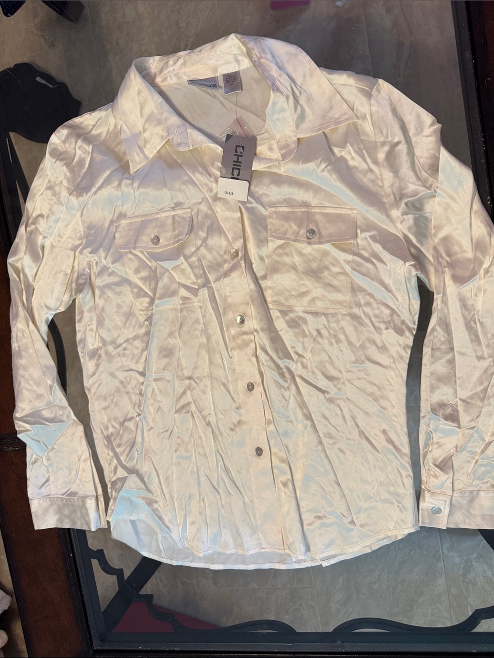 Chico's Ivory Satin Button-Down Shirt